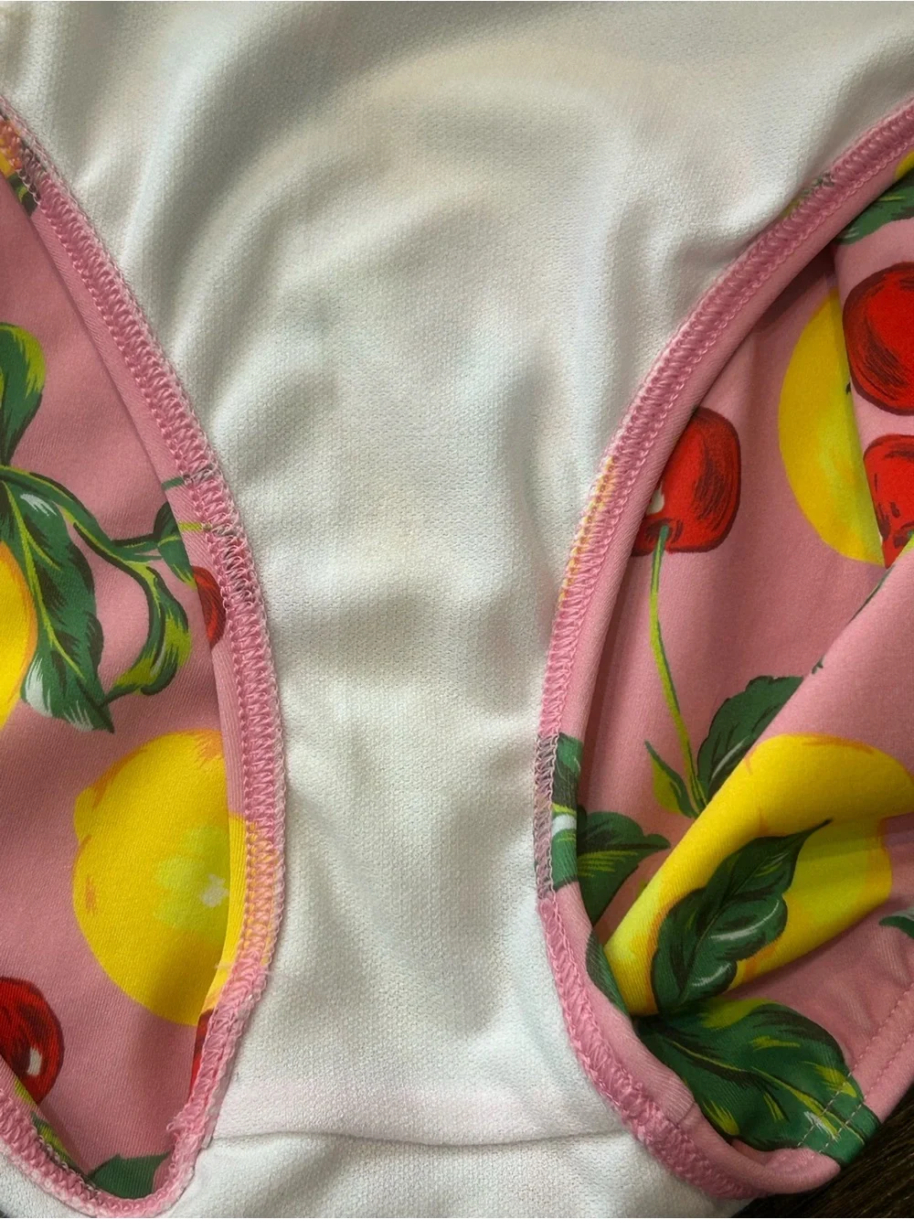 Mini Boden Pink One-Piece Swimsuit with Yellow Lemon & Red Cherry Print 9-10